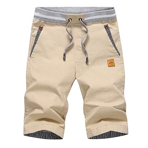 Men's Beach Casual Shorts Summer Classic Fit Drawstring Vocation Shorts with Elastic Waist and Pockets,Khaki,XL