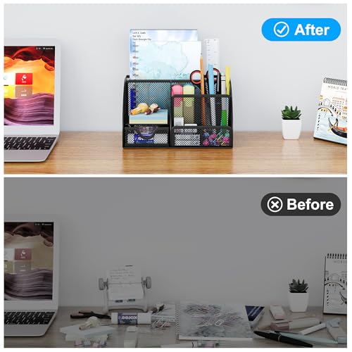 EasyPAG Mesh Desk Organizer with Drawer Multi-functional Pen Holder Stationery Organizer for Office School Supplies 6 Compartments Dorm Organizers and Storage for Desk, Black