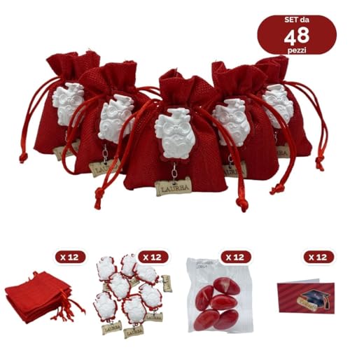 Doni Bomboniere Graduation Favour Set of 12 Red Cotton Bags, 12 Applications Owl Graduation Parchment Touch - Image 2