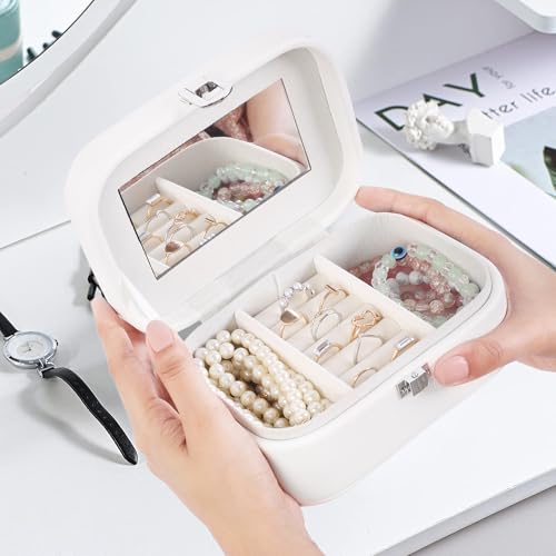 Image of BucketList PU Leather Jewellery Organizer Box with Mirror | Travel-Friendly Jewelry Storage Case with Ring Slots & Secure Lock (Travel Jewellery Box with Mirror (White))