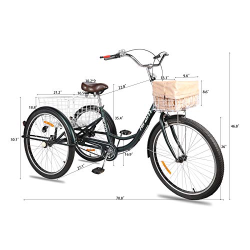 3-Wheeled Adult Tricycle with Removable Basket, 26\" Wheels Trike for Men and Women, Single Speed Cruise Bike, Exercise Bike for Recreation and Shopping, Water-Proof Bag and Bicycle Bell - Thumbnail 6