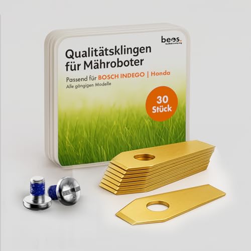 BEOS® 30 Cuchillas de Repuesto Premium de Titanio Bosch Indego + Tornillos con Seguridad - Cuchillas de Repuesto para Robot cortacésped Bosch Indego – Cuchillas de 1 mm de Espesor