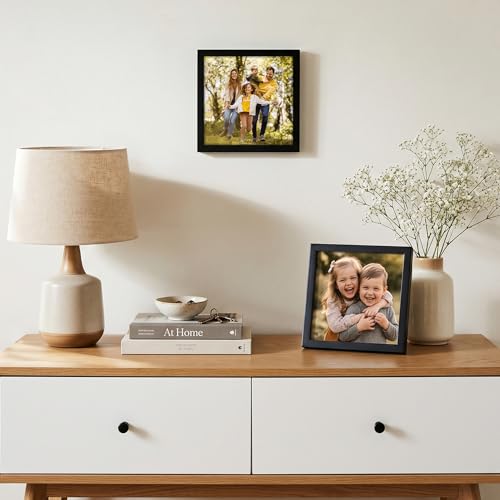 Image of Americanflat 7x7 Picture Frame with Shatter-Resistant Glass - Streamline Collection - Thin Border Square Frame for Tabletop and Wall Display - Hanging Hardware and Easel Stand Included - Black
