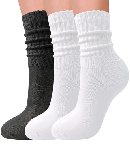 Image of 3 Pairs Slouch Socks for Women Soft Mid Calf Rib Scrunch Crew Tube Socks