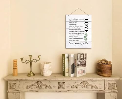 Image of ANGEL INFINITE Love Never Fails Wooden Wall Hanging Decor | 1 Corinthians 13:4-8 Bible Verse Sign | Rustic White MDF Plaque for Living Room, Bedroom & Home Entrance (25x20 cm)