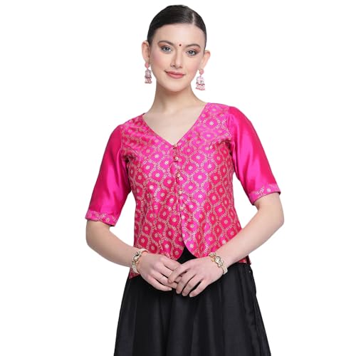 Image of studio rasa Women's Silk Blend Block Printed Button Down Readymade Top for Wedding Festive Party