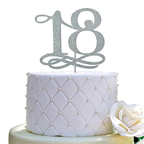 JIEEIN Number 18 Cake Topper - Happy 18th Birthday, Cheers to 18 Years, Hello 18 (Double Sided Silver Glitter)
