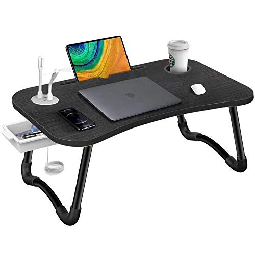 Borameen Laptop Desk for Bed Portable and Foldable with USB Port/Tablet Holder/Cup Holder/Drawer Office Home Couch Sofa (Black)
