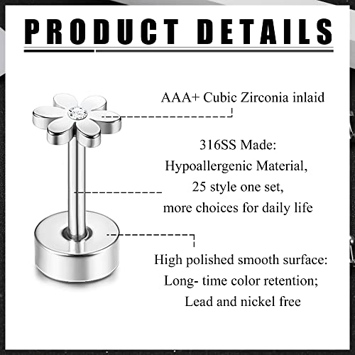 Dochais 25 Pairs Surgical Steel Stud Earrings for Women Multipack Cartilage Earring Opal Moonstone Turquoise Butterfly Flower Star Flat Back Earrings Silver2