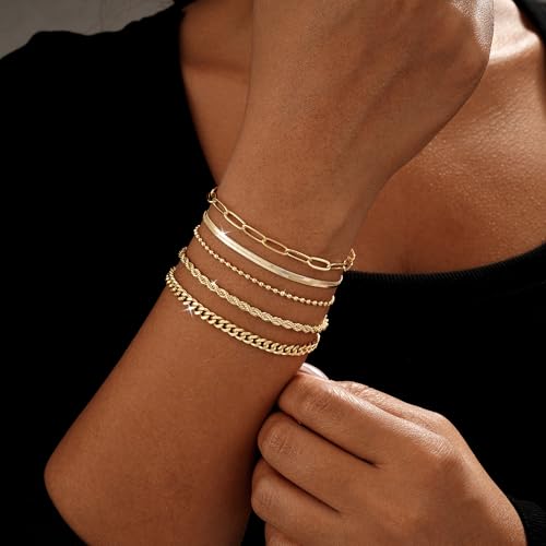 BBV Gold Bracelets for Women Stackable Bracelet Set, 5pcs Layered Dainty Waterproof Beaded, Figaro, Cuban, Rope, Paperclip, Snake Chain, Non Tarnish, Adjustable Jewelry Gifts2