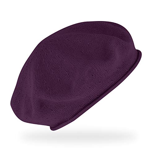 fiebig Basket à tricoter fin avec bord roulé | Béret en coton unique | Baske en laine légère dans de nombreuses couleurs, prune, taille unique Cover