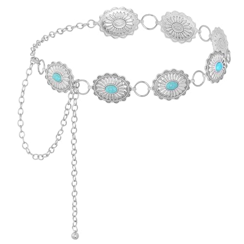 Turquoise Western Concho Chain Belt for Women Cowgirl Cowboy Metal Waist Link Chain Belt
