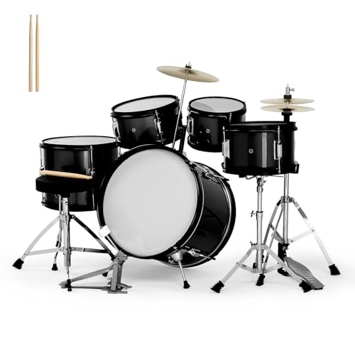 Ktaxon 5-Piece Complete Junior Drums Set, 16 Inch Beginners Drum Kit with Throne Stool, Pedal & Drumsticks, Kids Drum Musical Instruments W/Cymbal, Hi-Hat, Floor, Tom and Snare Drum (Black)