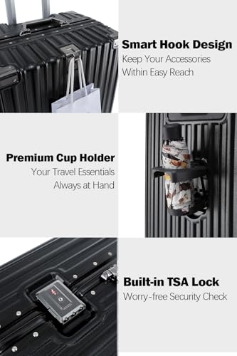 HotWay 20 Inch Aluminum Frame Carry On Luggage with Spinner Wheels, PC Hard Shell Suitcase with Cup Holder, Zipperless Luggage for Business Travel, Black4