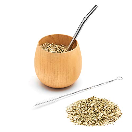 BALIBETOV - New - All Natural Jujube Wood Yerba Mate Gourd Set (Mate Cup) - Includes Stainless Steel Bombilla Straw and Cleaning Brush - Mate Gourds for Yerba Mate Loose Leaf Drinking. (Light Brown)