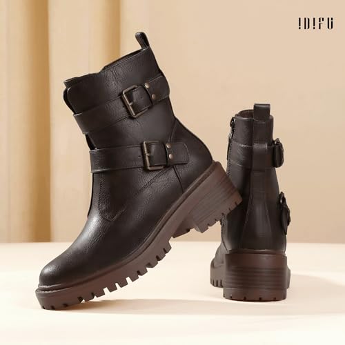 IDIFU Biker Boots for Women Combat Motorcycle Moto Women's Ankle Boots Comfortable Two Buckles Lug Sole Chunky Low Heel Short Boots Fall Fashion Cute Trendy Dressy Side Zipper Boots Booties for Women4