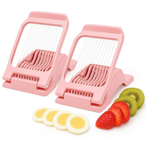 2PCS Pink Egg Slicer for Hard Boiled Eggs,Strawberry Kiwi Heavy Duty Stainless Steel Wire Fruit Cutter,Tomato Mushroom Salad Chopper for Home Use Egg Peeler Tool