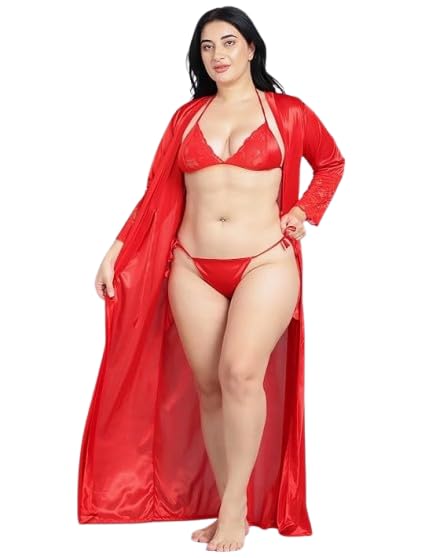 Honeymoon Night Gown for Women | Sexy Babydoll 6-Piece Satin Lace Half Sleeve Maxi Nighty Nightwear for Anniversary Bridal Sleepwear | Perfect Wedding Gift for Bride-image-34