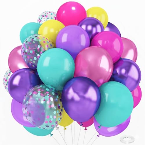 Image of Purple Pink Blue Confetti Balloon, Birthday Balloons Party Decorations- 12in Hot Pink Metallic Purple Teal Blue Yellow Latex Balloons Bulk 56Pcs for Dollhouse Kpop Kitties Colorful Magic Party Theme
