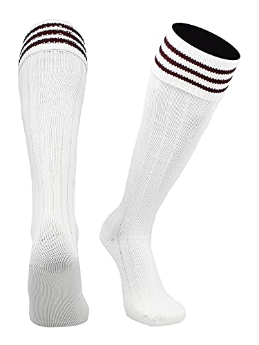 TCK Euro Style 3 Stripe Soccer Socks (White Maroon, Medium)