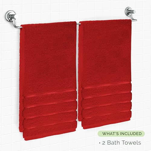 Image of Elegant Comfort 100% Turkish Cotton 4 Lines Viscose Stripe Luxury 2 Pack Bath Towel Set 27 x 54 Inch - Super Soft and Highly Absorbent Premium Hotel Spa Quality Towels for Bathroom Use, Red