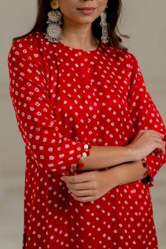 Image of LookMark Women Cotton Blend Bandhej Printed Bandhani Kurta Palazzo Set With Sequence Lace