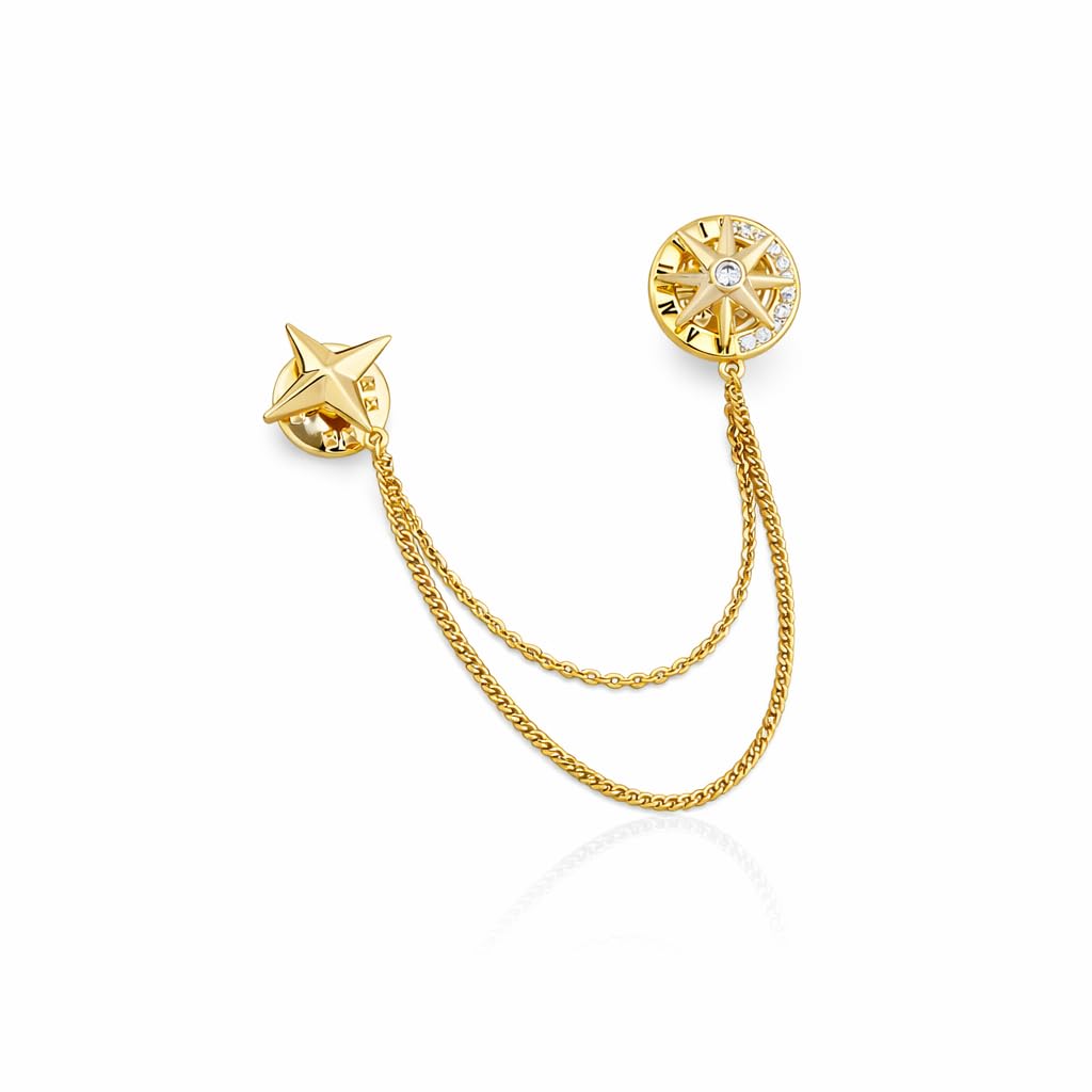 Gold Plated Compass Star Chain Brooch with American Diamonds-image-24