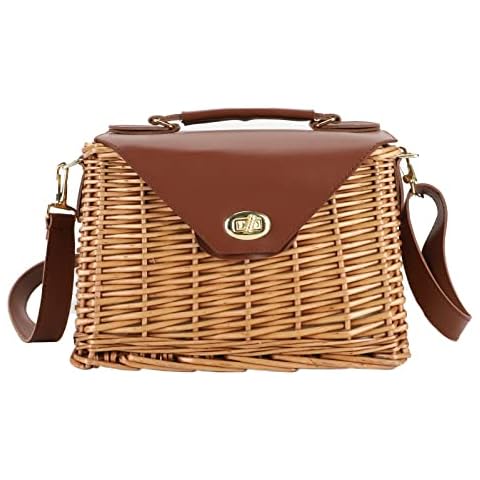 YAHUAN Wicker Handbag Straw Purse for Women, Hand Woven Rattan Bag with Leather Strap, Summer Beach Bag with Lining (Brown) Cover