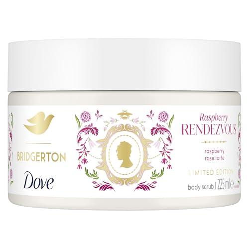 Dove Limited Edition Bridgerton Raspberry Rendezvous Body Scrub exfoliating scrub with a raspberry & rose tart scent for deep nourishment 225 ml
