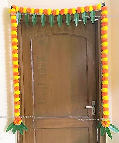Sphinx artificial fluffy marigold and mango leaves toran for door entrance decoration ( approx.100 x 152 cms)- (ST, Yellow & Dark Orange)