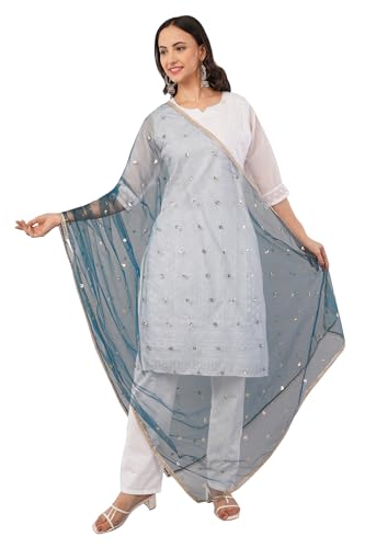 Image of Net Butti Dupatta for Women | Golden Lace Border Chunni | Butti Work Odhani | Wedding & Bridal Styling | Lightweight Drape | Kurti & Salwar Suit