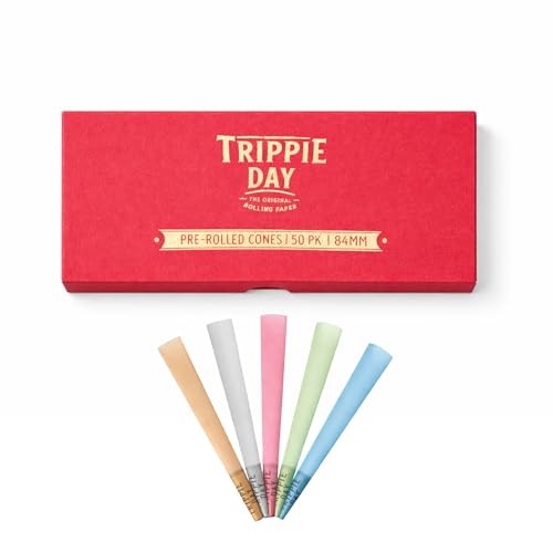Trippie Day Slow burning 84mm Packaged for gifting in a red rigid box 1 1/4 Pre rolled cones 50 Pack. 10 of each color.