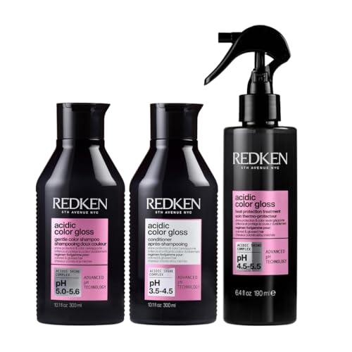 Redken Rutina Protectora del Color para Cabello Teñido con Champú 300 ml, Acondicionador 300 ml y Tratamiento Termoprotector 190 ml, Acidic Color Gloss