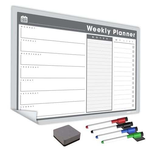 WallTAC Planificador semanal de pared (420 x 297 mm) | Pizarra blanca adhesiva y reutilizable | 4 rotuladores pizarra blanca y borrador incluidos