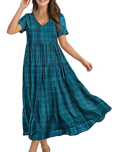 Image of YESNO Women's Summer Maxi Dresses Casual Floral Short Sleeve V Neck Boho Beach Vacation Swing Dress with Pockets EVF