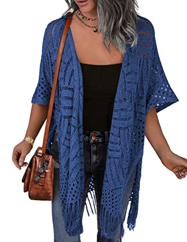 Image of HOTOUCH Women's Lightweight Crochet Cardigan Short Sleeve Open Front Kimono Knit Summer Cardigans Sweaters Blue