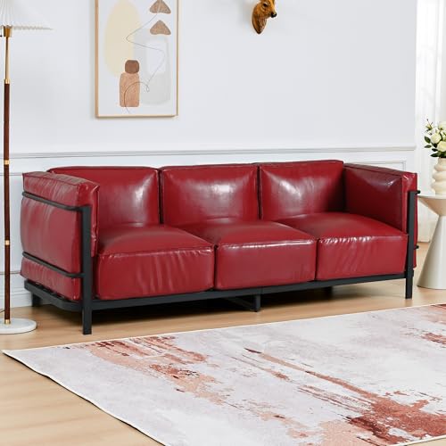 Image of QHITTY 3 Seater Sofa, Mid-Century Modern Upholstered Couch Chair Faux Leather Sofa Couch with Iron Frame and Upholstered Armrest Backrest Cushion for Living Room, Office, Apartment (Burgundy)