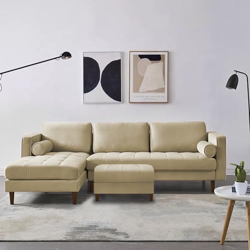Image of Lezra LHS 4 Seater L Shape Sofa Set with Center Table for Living Room (Cream Fabric) Premium Fabric Sofa