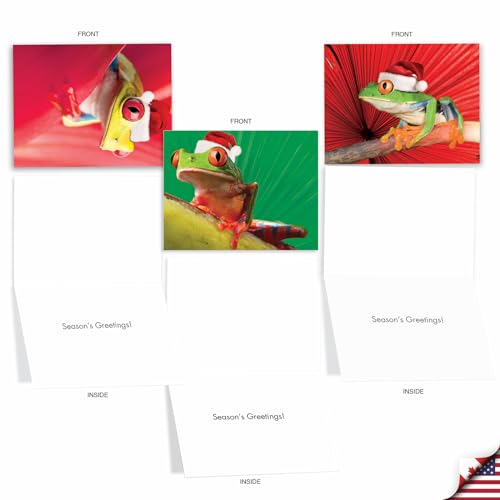 Image of The Best Card Company - 10 Holiday Note Cards for Christmas - Festive Bulk Assortment, Boxed Notecards with Envelopes (4 x 5.12 Inch) - Yule Frogs M1754XS
