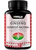 Korean Red Panax Ginseng 1200mg + Ginkgo Biloba -120 Vegan Capsules - High Ginsenosides Extra Strength Root Extract Powder Supplement for Energy, Performance & Focus Pills for Men & Women
