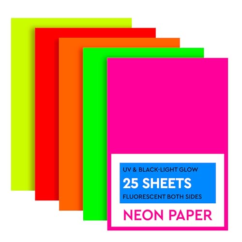 25 Sheets Neon Paper - 250 gsm 5 Colors Neon Construction Paper, UV and Blacklight Reactive, Easy to Cut, Lightweight - Сolorful Сardstock for Crafts, DIY Dance Floor & Birthday Party Decorations