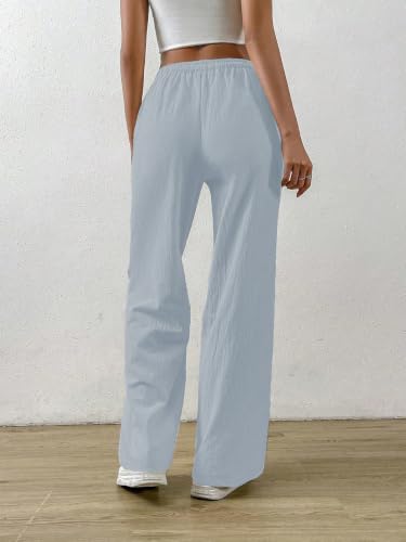 Image of TOPLOT Women's Linen Blend Wide Leg Palazzo Pants | Elastic Drawstring Waist Trousers for Woman | Relaxed Fit Casual Lounge Trousers | Breathable Straight Leg Everyday Bottom Wear (5268)