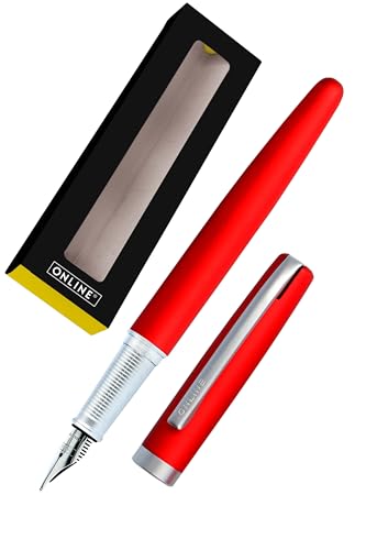 Online Füller Eleganza I Metall I Farbe Satin Red I Federstärke M I Metallclip I inkl. Tintenpatrone blauschreibend I Füllhalter für Standard-Tintenpatronen in Geschenkverpackung