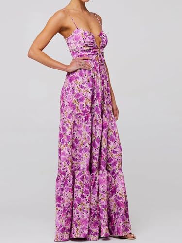 Image of Womens Summer Floral Spaghetti Strap Backless Low Cut Smocked Milkmaid Flowy Beach Sundresses