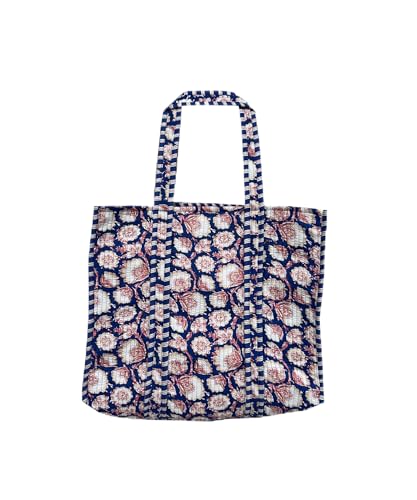 Image of Quilted Cotton Handprinted Reversible Large multicolor Floral Tote Bag,Hand Block Print Shopping Shoulder Carry Bag