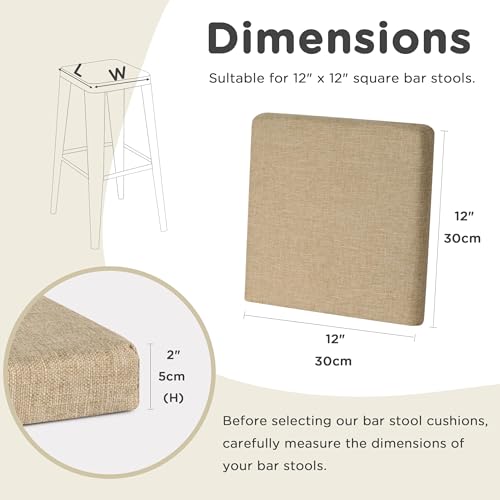 Image of AddGrace Anti-Slip Bar Stool Cushions Square Bar Stool Seat Cushions with Ties Set of 4 Small Square Chair Pads with Machine Washable Cover 12 inchX12 inchX2 inch (Beige)