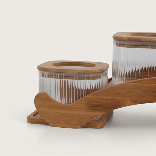Image of HOME 360 Bamboo Bridge Tray | Set of 4 Ribbed Glass Canisters with Natural Wood Lids | Unique Arched Display Spice Rack | Minimalist Boho Kitchen Decor | (Bridge - 4Jar)