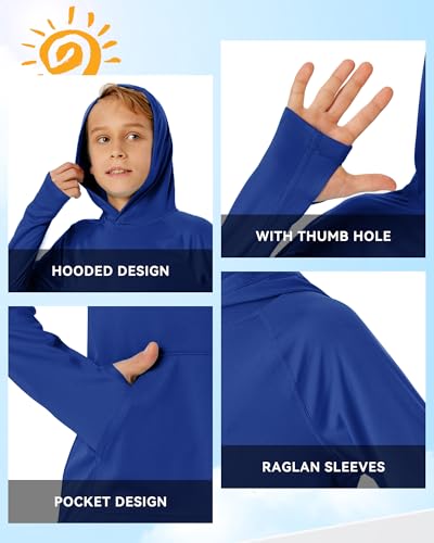 Image of Boys Rash Guard Long Sleeve Hoodie Swim Shirt with Pocket Youth Kids UPF 50+ Sun Protection Fishing Shirts Thumb Hole