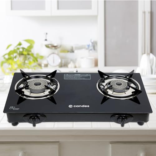 Candes Toughened Glass Automatic 2 Burner Gas Stove |Automatic Ignition & Die Cast Alloy Tornado Burner | Gas stove Chulha| Auto Ignition Gas stove| LPG Gas Stove |ISI Certified | 300 Days Warranty|