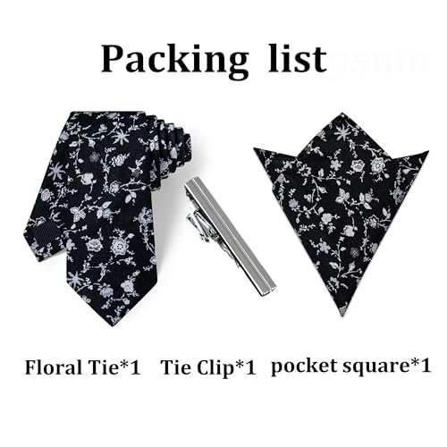 Image of YourTies Cotton Floral Tie for Men 2.5 inch Printed Skinny Necktie Pocket Square Tie Clip Set Flower Wedding Party Groom